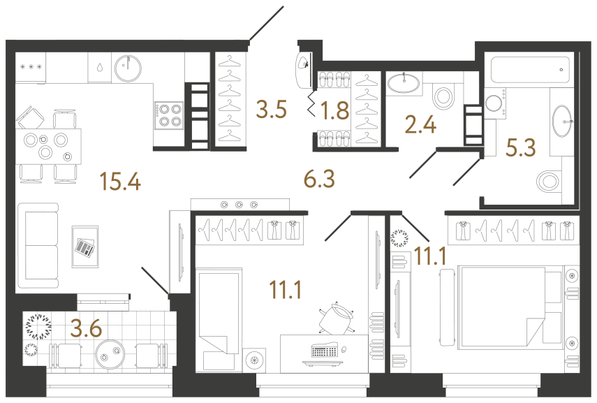Двухкомнатная квартира №325 в ЖК Куинджи - 58 м²