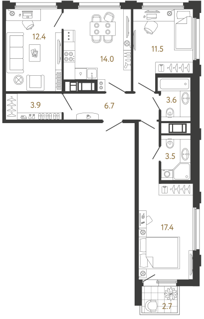 Трёхкомнатная квартира №122 в ЖК Гений - 73 м²