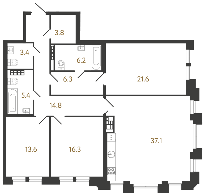 Трёхкомнатная квартира №50 в ЖК Коллекционер - 128.5 м²  - №2