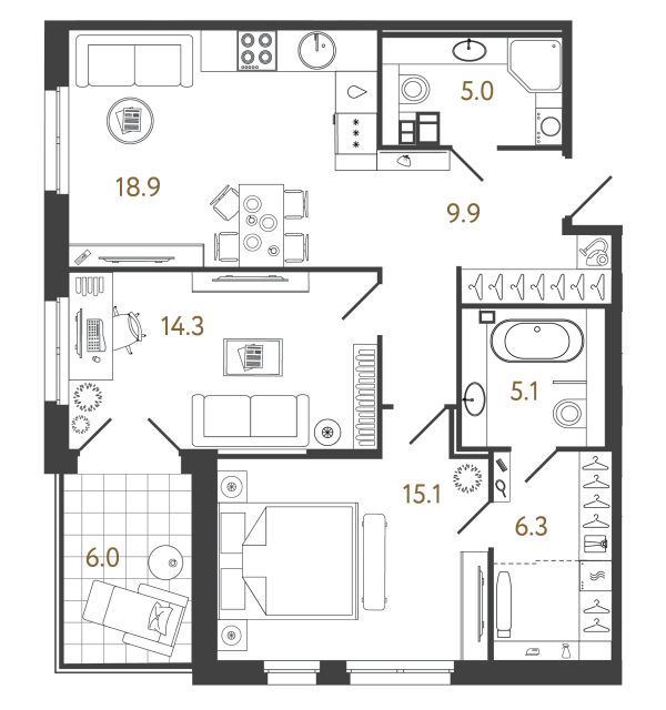 Двухкомнатный номер №52 в комплексе «Репин» - 74.6 м²