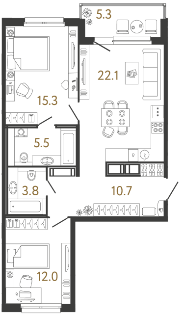 Двухкомнатная квартира №207 в ЖК Передвижники - 69.4 м²