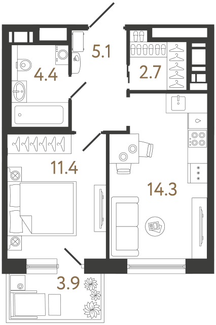 Однокомнатная квартира №81 в ЖК Передвижники 2 - 37.9 м²