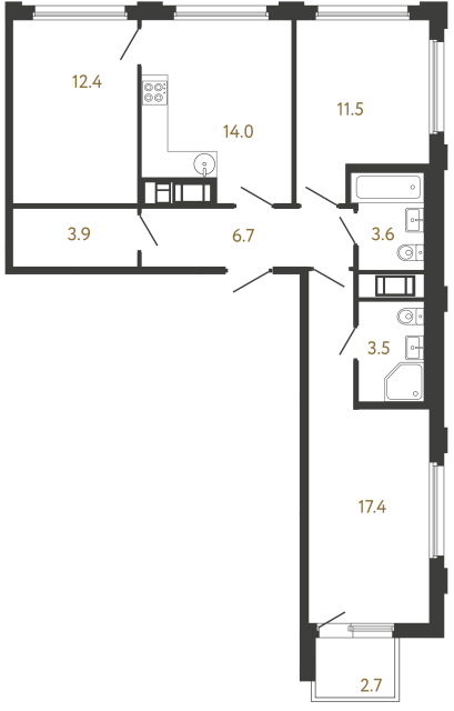 Трёхкомнатная квартира №116 в ЖК Гений - 73 м²  - №2