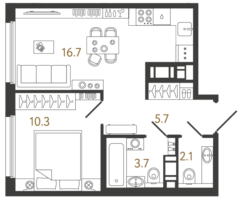 Однокомнатная квартира №908 в ЖК Гений - 38.5 м²