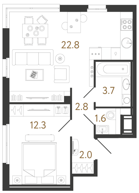 Однокомнатная квартира №185 в ЖК Литера - 45.1 м²