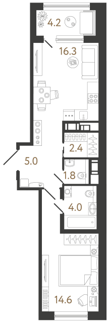 Однокомнатная квартира №203 в ЖК Передвижники 2 - 44.1 м²