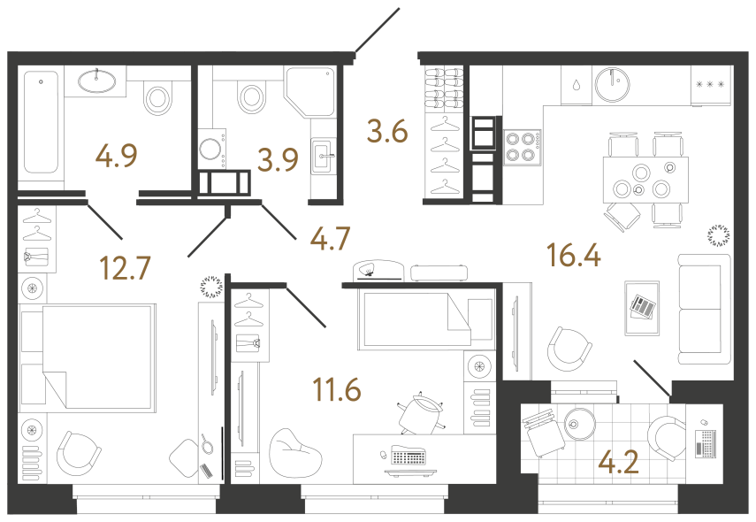 Двухкомнатная квартира №432 в ЖК Куинджи - 57.8 м²