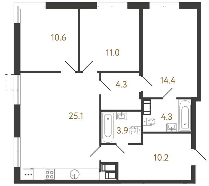 Трёхкомнатная квартира №525 в ЖК Струны - 83.8 м²  - №2
