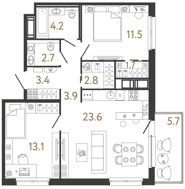 Двухкомнатная квартира №28 в ЖК Передвижники - 66.9 м²