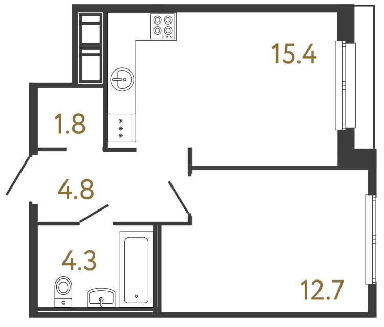 Однокомнатная квартира №209 в ЖК Передвижники - 39 м²  - №2
