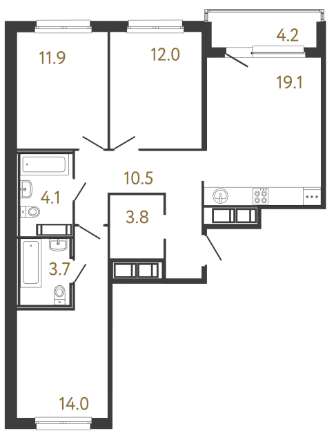 Трёхкомнатная квартира №170 в ЖК Передвижники - 79.1 м²  - №2