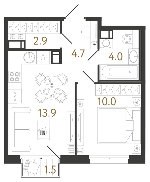 Однокомнатная квартира №961 в ЖК Струны 2 оч. - 35.5 м²