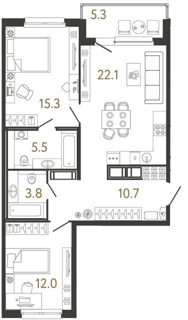 Двухкомнатная квартира №231 в ЖК Передвижники - 69.4 м²