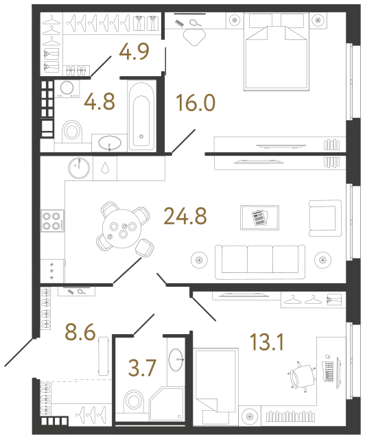 Двухкомнатная квартира №118 в ЖК Визионер - 75.9 м²