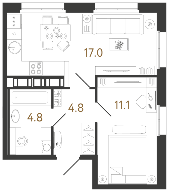 Однокомнатная квартира №532 в ЖК Куинджи - 37.7 м²