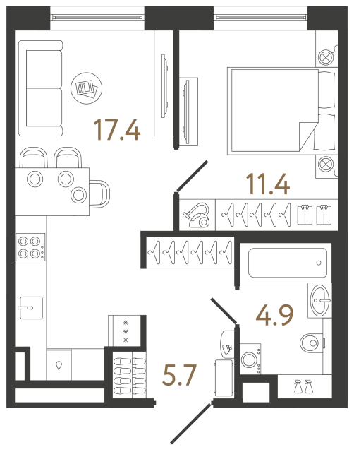 Однокомнатная квартира №8 в ЖК Передвижники 2 - 39.4 м²