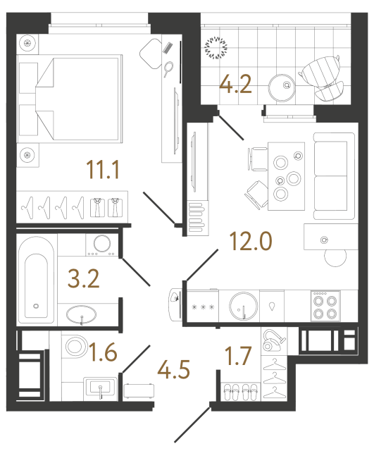 Однокомнатная квартира №8 в ЖК Литера - 34.1 м²