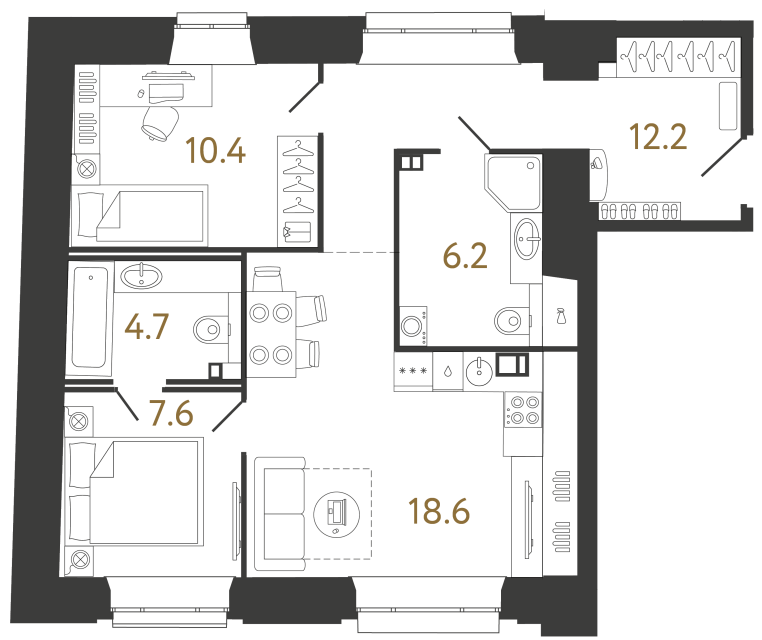 Двухкомнатные апартаменты №37 в ЖК Светоч - 59.7 м²
