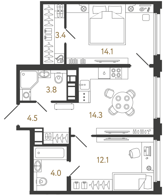 Двухкомнатная квартира №220 в ЖК Гений - 56.2 м²