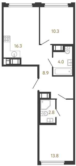Двухкомнатная квартира №3 в ЖК Гений - 56.1 м²  - №2
