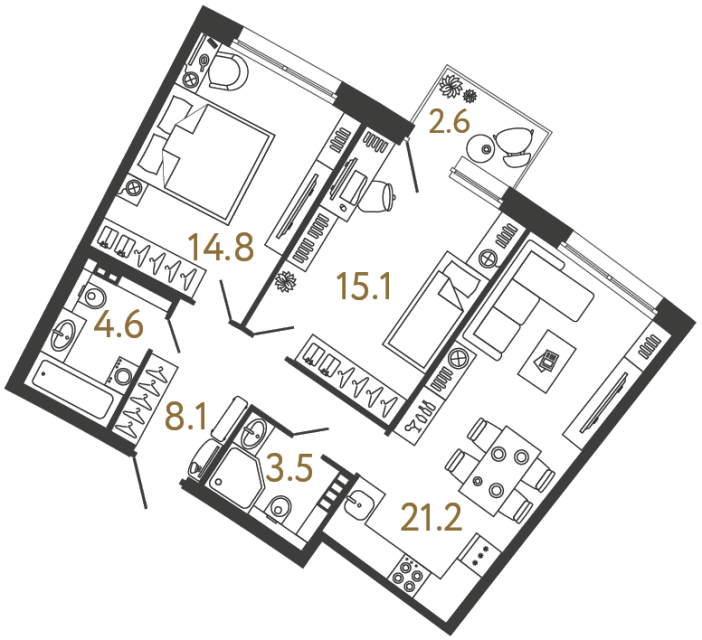 Двухкомнатная квартира №64 в ЖК Цвет Зеленогорска - 67.3 м²