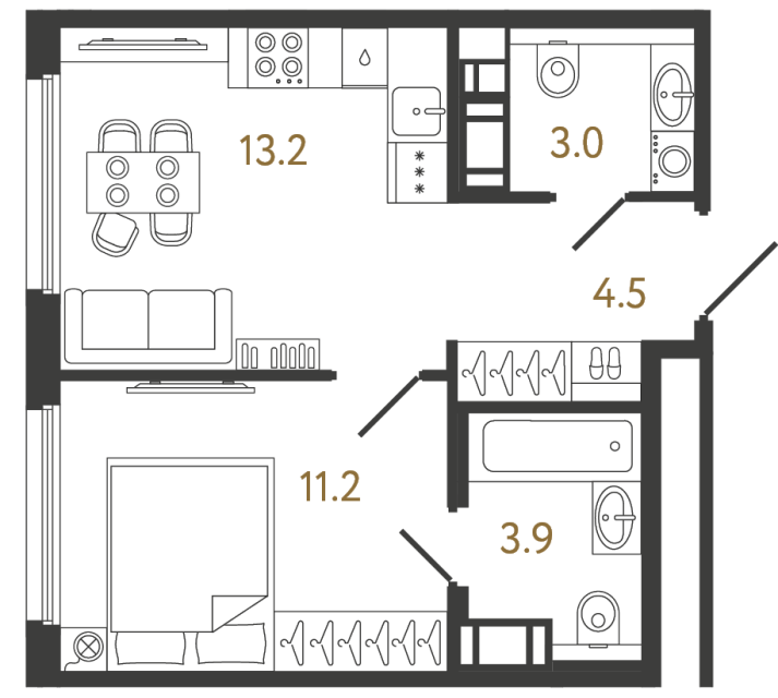 Однокомнатная квартира №382 в ЖК Гений - 35.8 м²