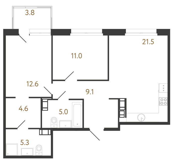 Двухкомнатная квартира №423 в ЖК Куинджи - 69.1 м²  - №2