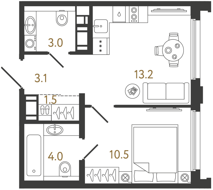 Однокомнатная квартира №855 в ЖК Гений - 35.3 м²