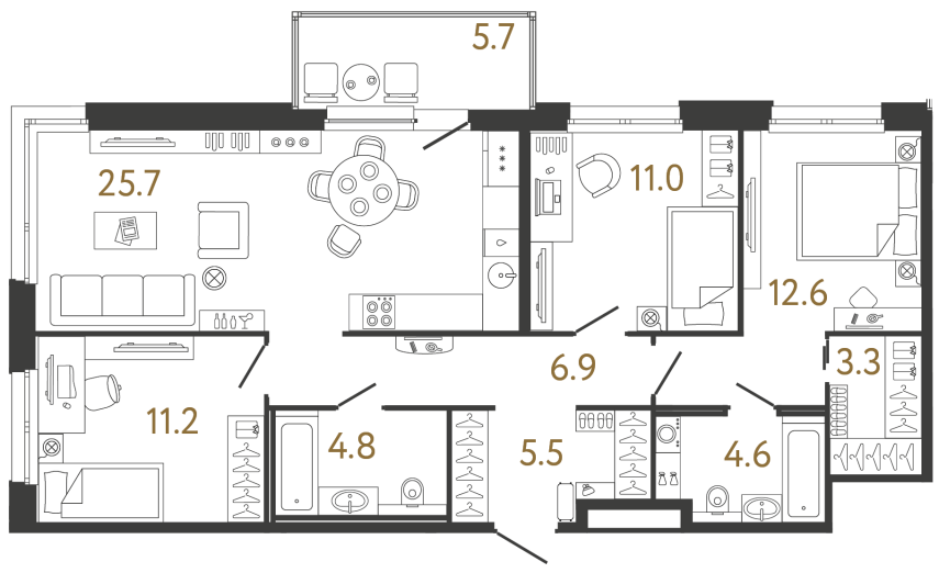 Трёхкомнатная квартира №99 в ЖК Передвижники - 85.6 м²