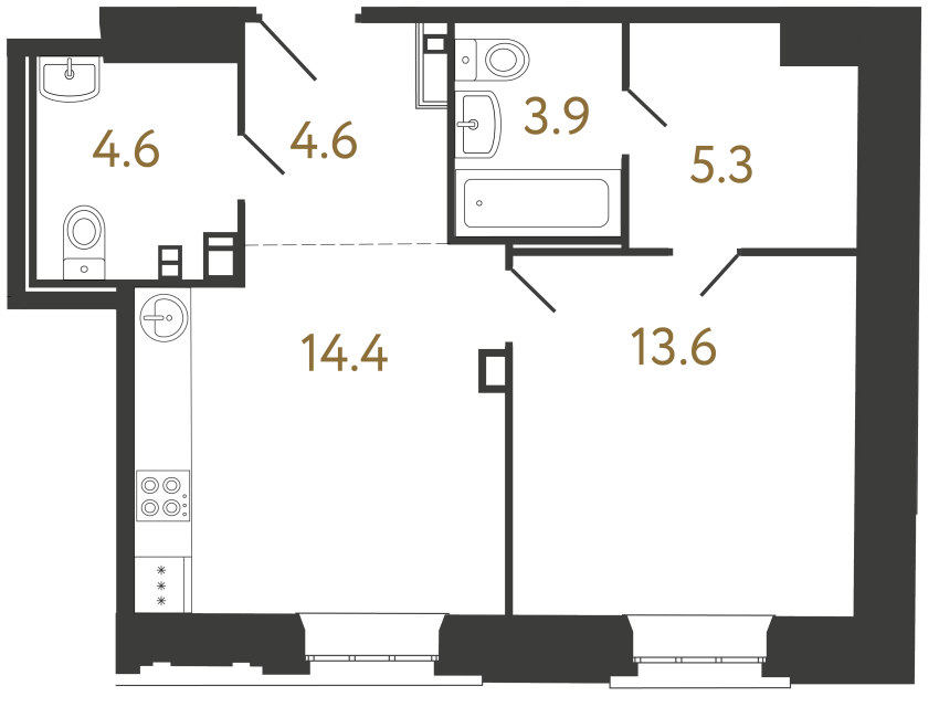 Однокомнатные апартаменты №35 в ЖК Светоч - 46.4 м²  - №2
