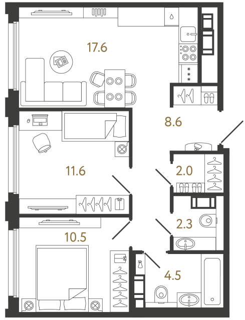 Двухкомнатная квартира №505 в ЖК Гений - 57.1 м²