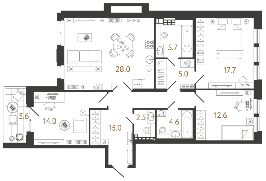 Трёхкомнатная квартира №36 в ЖК Коллекционер - 105.1 м²