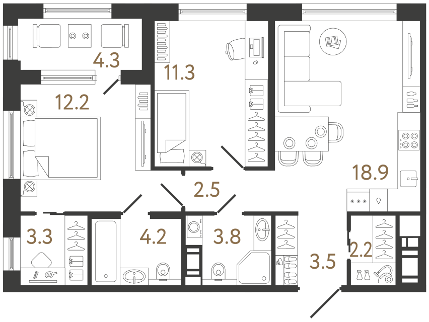 Двухкомнатная квартира №18 в ЖК Передвижники 2 - 61.9 м²