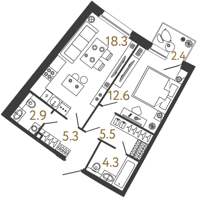 Однокомнатная квартира №69 в ЖК Цвет Зеленогорска - 48.9 м²