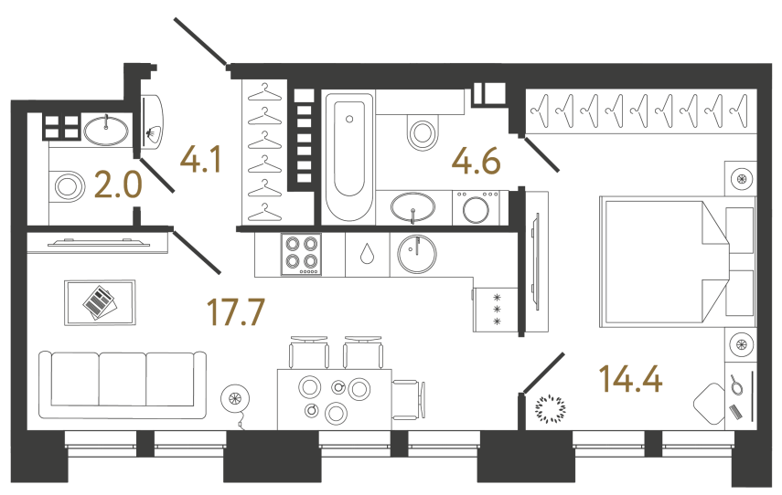 Однокомнатная квартира №13 в ЖК Коллекционер - 42.8 м²