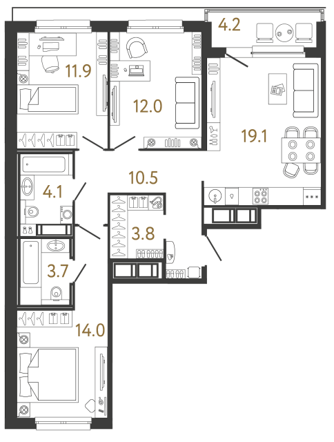 Трёхкомнатная квартира №162 в ЖК Передвижники - 79.1 м²