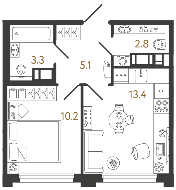 Однокомнатная квартира №1130 в ЖК Гений - 34.8 м²