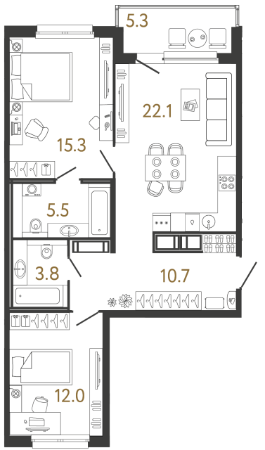 Двухкомнатная квартира №247 в ЖК Передвижники - 69.4 м²