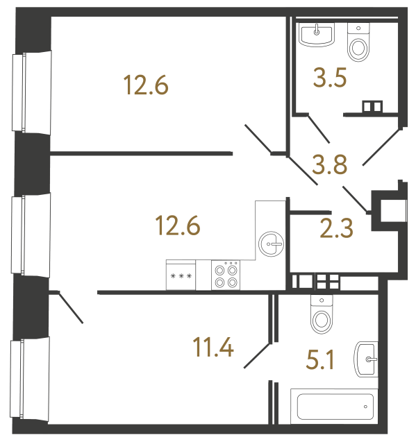 Двухкомнатные апартаменты №48 в ЖК Светоч - 51.3 м²  - №2