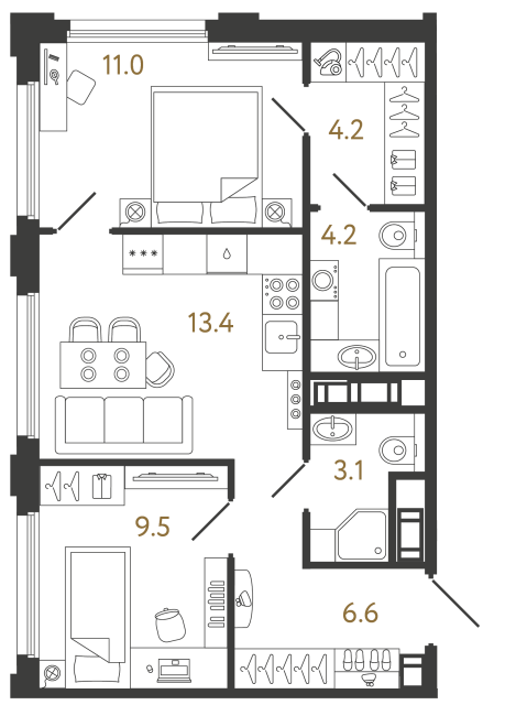 Двухкомнатная квартира №479 в ЖК Гений - 52 м²