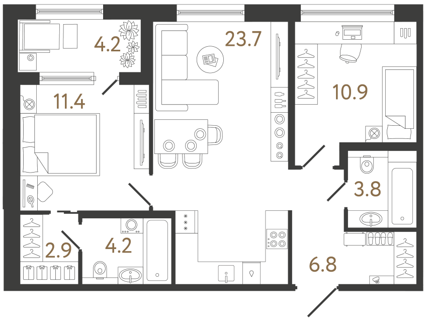 Двухкомнатная квартира №148 в ЖК Передвижники 2 - 63.7 м²
