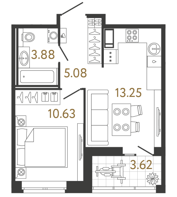 Однокомнатная квартира №166 в ЖК Ultra City 3 - 32.84 м²