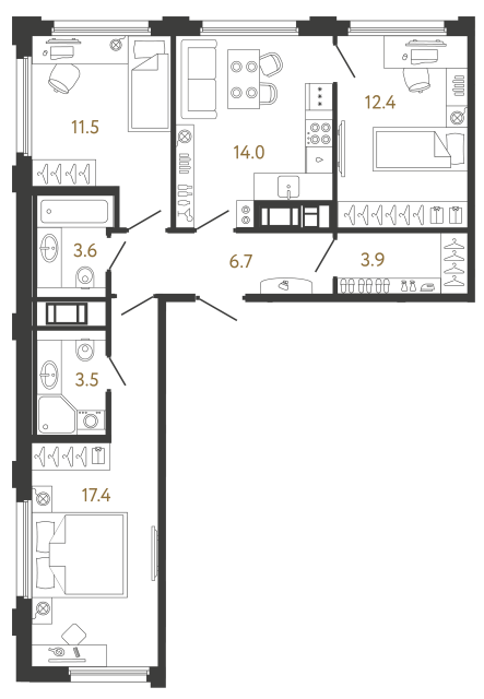 Трёхкомнатная квартира №2 в ЖК Гений - 73 м²