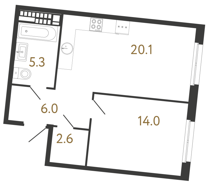 Однокомнатная квартира №203 в ЖК Визионер - 48 м²  - №2