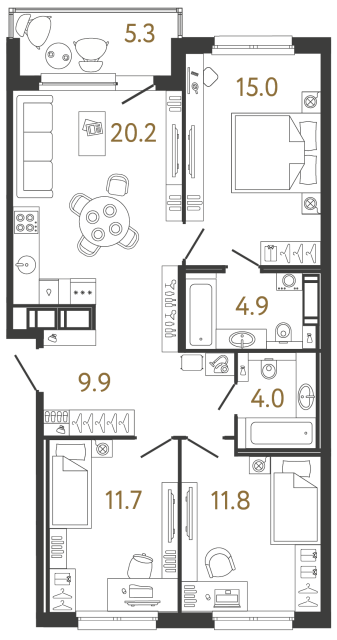 Трёхкомнатная квартира №125 в ЖК Передвижники - 77.5 м²