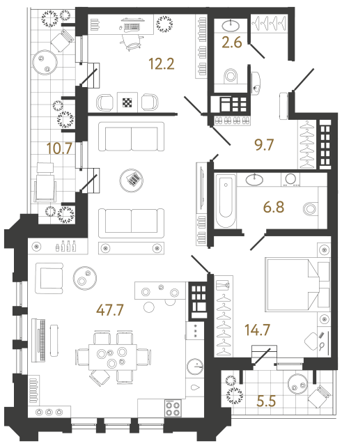 Двухкомнатная квартира №68 в ЖК Коллекционер - 93.7 м²