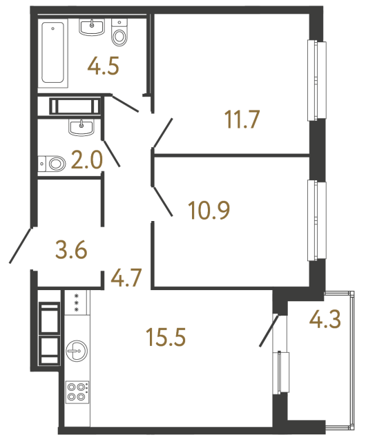 Двухкомнатная квартира №302 в ЖК Передвижники - 52.9 м²  - №2