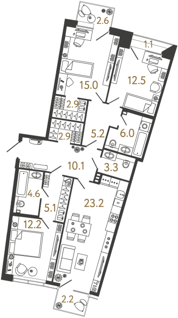 Трёхкомнатная квартира №44 в ЖК Цвет Зеленогорска - 103 м²