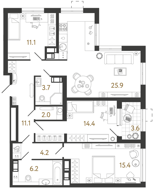 Трёхкомнатная квартира №565 в ЖК Струны - 94 м²