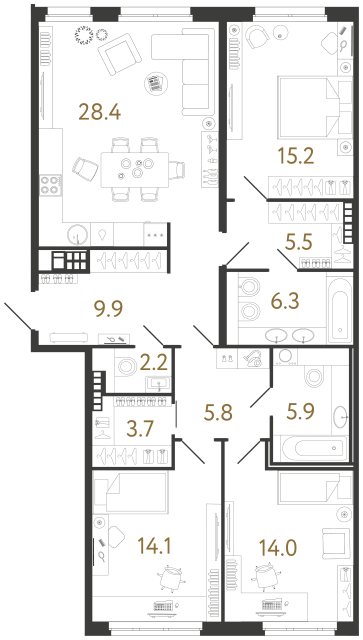 Трёхкомнатная квартира №41 в ЖК Визионер - 111 м²